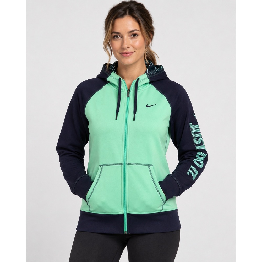 Nike Therma-FIT Hoodie Womens Large Mint Navy Blue Full Zip Just Do It Fleece